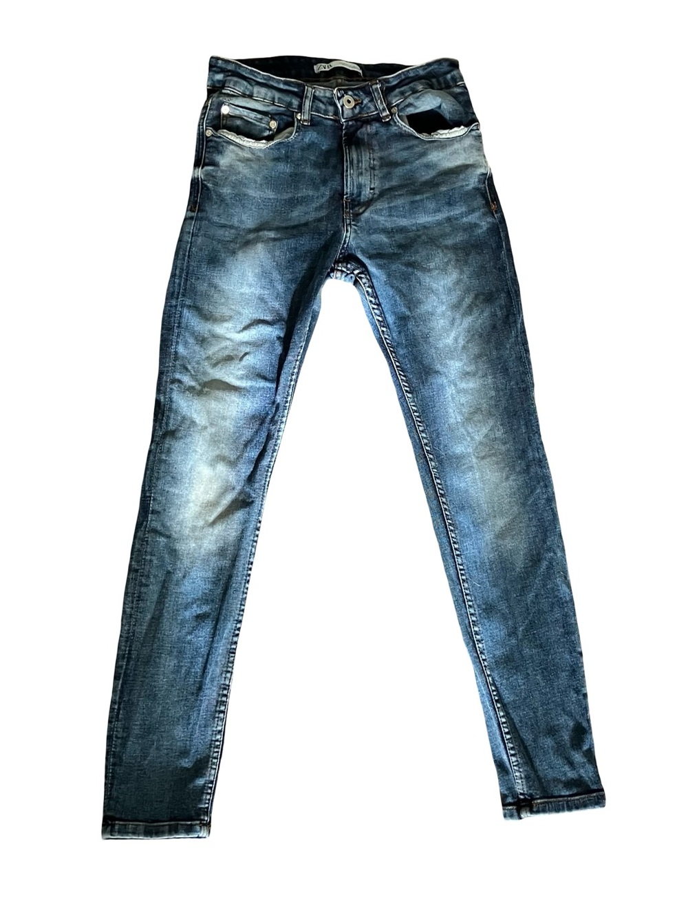 Zara Man Denim Jeans Mens 31 Slim Straight Stretch Distressed Med Wash ~28x27
